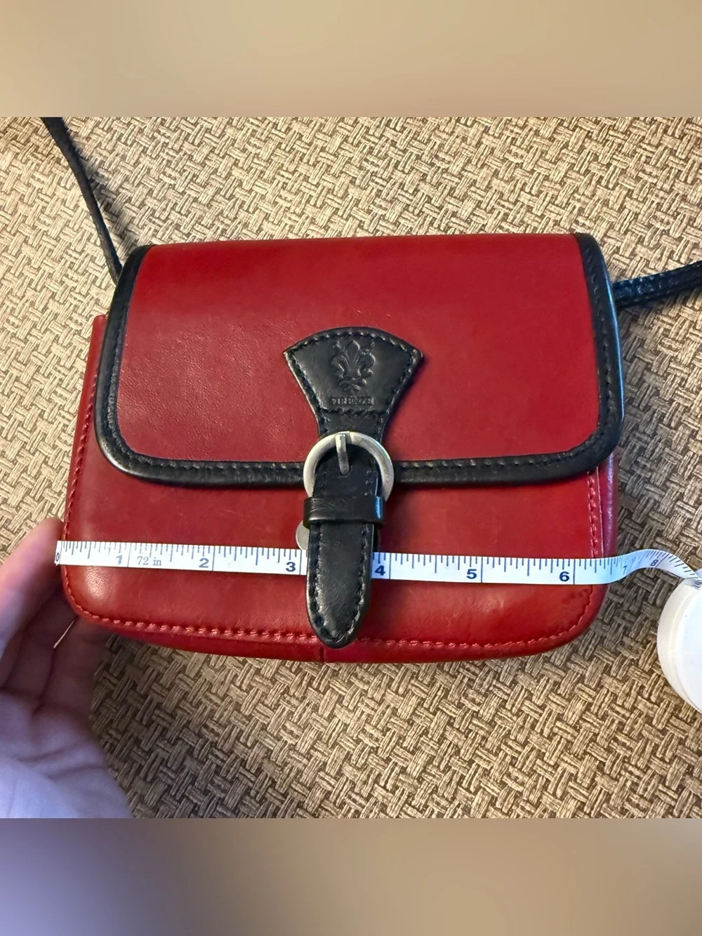 Vintage Firenze Italian Leather Crossbody Bag Red Black Fleur De Lis